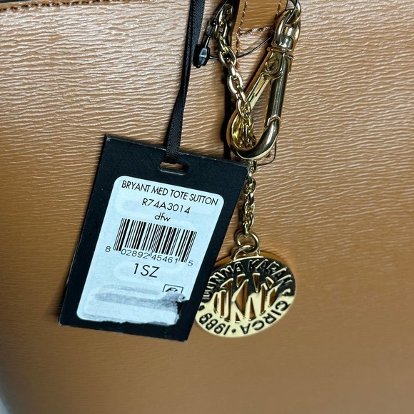 DKNY Tote Bag Satchel Handbag Purse Faux Leather Charm Brown Medium Brown NWT - Picture 8 of 8